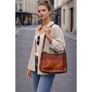 Slouchy Cognac Brown Leather Shoulder Bag • Boho Vintage Style Purse